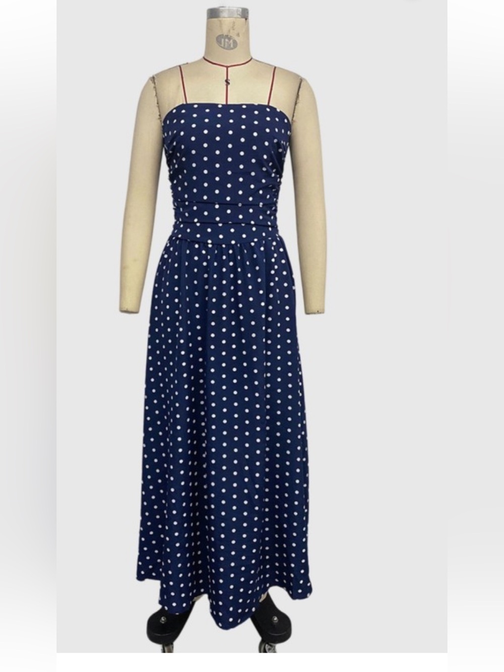 NWT Strapless Casual Polka Dot Navy Blue Maxi Dress - Picture 4 of 7